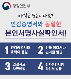 행정안전부
/아직도 모르시나요? 인감증명서와 동일한 본인서명사실확인서!
1 인감증명서와 효력이 동일 2 전국 어디서나 편리한 발급 3 인감사고 사전예방 4 전자본인서명 확인서 발급