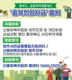 충북도, 금융취약계층대상
'충북희망자금'출시
지원대상 : 신용회복위원회 채무조정 및 개인회생 상실상환 중인 충청북도 서민취약계층
방문문의 : 청주서민금융통합지원센터 / 신용회복위원회 청주지부 미래에셋대우청주빌딩 4층(충북도청 앞)
상담문의 : 신용회복위원회 콜센터 1660-1500