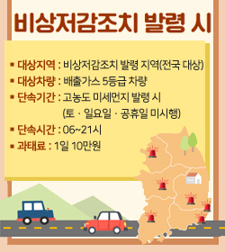 비상저감조치 발령시
대상지역 : 비상저감조치 발령 지역(전국 대상)
대상차량 : 배출가스 5등급 차량
단속기간 : 고농도 미세먼지 발령 시
           (토·일요일·공휴일 미시행)
단속시간 : 06~21시
과태료 : 1일 10만원