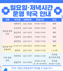 일요일.저녁시간 운영 약국 안내
일요일 운영 약국
대학약국(642-5858) 매주 09:00 ~ 14:00
도도약국(643-1369) 매주 09:00 ~ 16:00
등산약국(647-3013) 매주 10:00 ~ 16:00
드림약국(653-8993) 매주 10:00 ~ 17:00
영진약국(647-6171) 매주 13:00 ~ 17:00
일요일,저녁 운영약국
온누리장수약국(642-8353) 매주 09:00 ~ 21:00
정약국(645-1557) 1,3,5주 10:00 ~ 21:00
저녁 운영 약국
역전약국(652-7077) 토요일 등시간대 운영 09:00 ~ 21:00
원일약국(653-9959) 토요일(09:00~13:00) 09:00 ~ 21:00(수,목 18시까지)
(약국 사정상 운영일정이 변경될 수 있습니다)