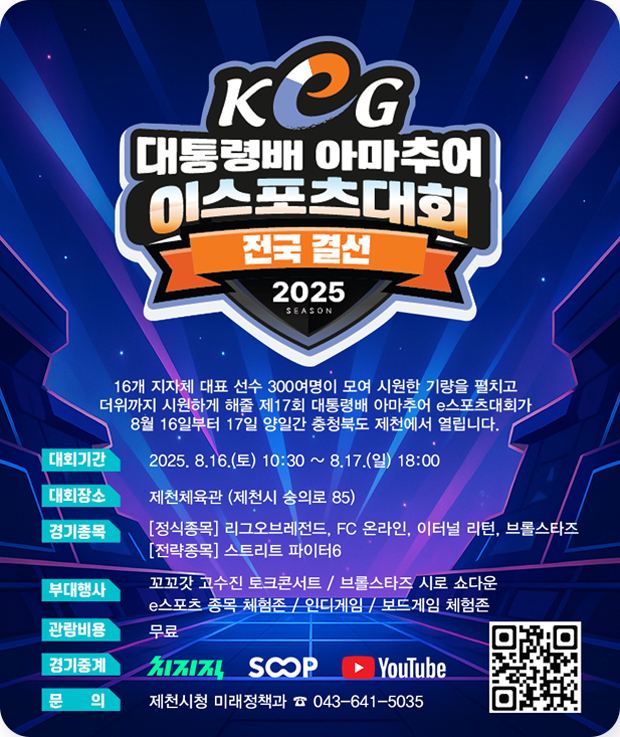 대통령배 아마추어 이스포츠대회 전국 결선
16개 지자체 대표 선수 300여명이 모여 시원한 기량을 펼치고
더위까지 시원하게 해줄 제17회 대통령배 아마추어 e스포츠대회가
8월 16일부터 17일 양일간 충청북도 제천에서 열립니다.
대회기간 : 2025.8.16.(토) 10:30~8.17.(일) 18:00
대회장소 : 제천체육관 (제천시 숭의로 85)
경기종목
[정식종목] 리그오브레전드, FC 온라인, 이터널 리턴, 브롤스타즈
[전략종목] 스트리트 파이터 6
부대행사 :  꼬꼬갓 고수진 토크콘서트 / 브롤스타즈 리로 쇼다운
e스포츠 종목 체험존 / 인디게임 /보드게임 체험존
관람비용 : 무료
경기중계 : 치지직, SCOP, YouTube
문의 : 제천시청 미래정책과 043-641-5035
http://keg.e-sports.or.kr/ 사이트로 가는QR이미지
