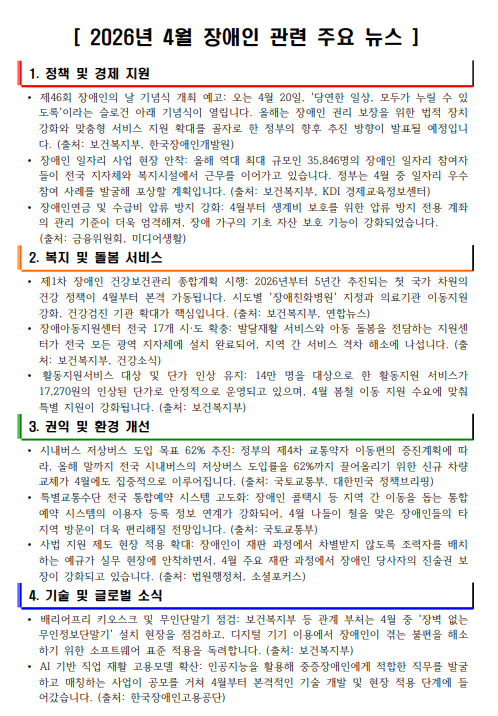 2026년 4월 장애인관련 주요뉴스 이미지 1 - 본문에 자세한설명을 제공합니다.