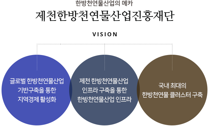 vision 한방바이오산업의 메카 제천한방바이오진흥재단 글로벌 한방바이오산업기반구축을 통한 지역경제 활성화, 제천 한방바이오 인프라 구축을 통한 한방바이오산업 거점화, 국내 최대의 한방바이오 클러스터 구축